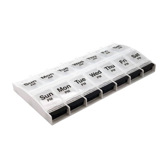Ezy Dose Push Button (7-Day) Pill Planner, AM/PM, Large Compartments, Transparent Lids, Black