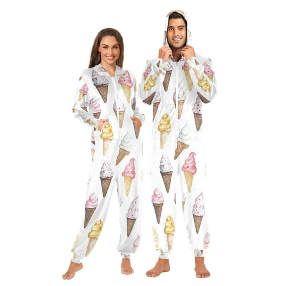 FORMRS Onesies Pajama for Adults Unisex Hoodie Winter Jumpsuit One Piece Sleepwear, Sizes S-2XL, Ice Cream Pattern