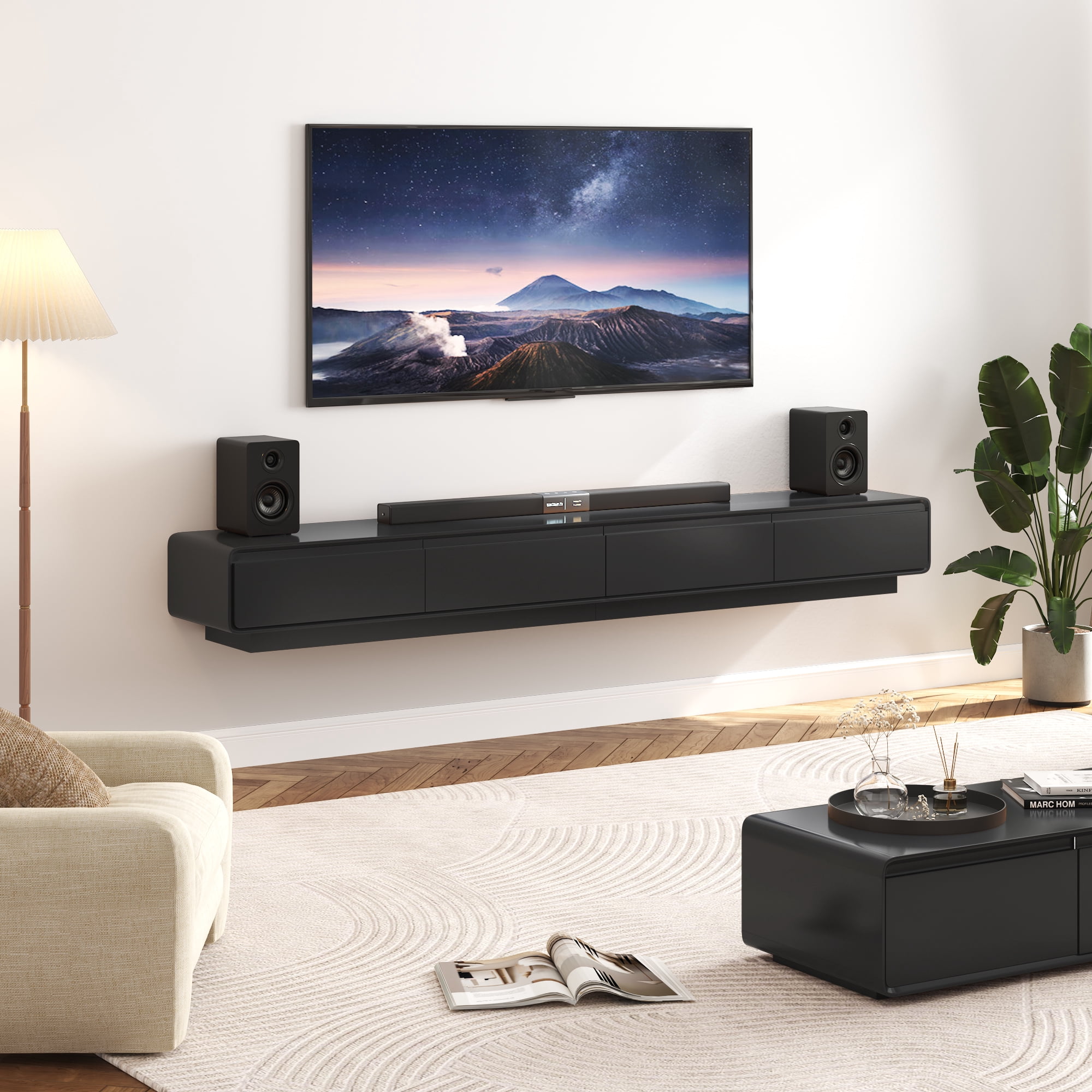 Blotout 94.5'' Minimalist Floating TV Stand, Modern Wall-Mounted Media Console with 4 Drawers for Wall-mounted TV Up to 110'', Black