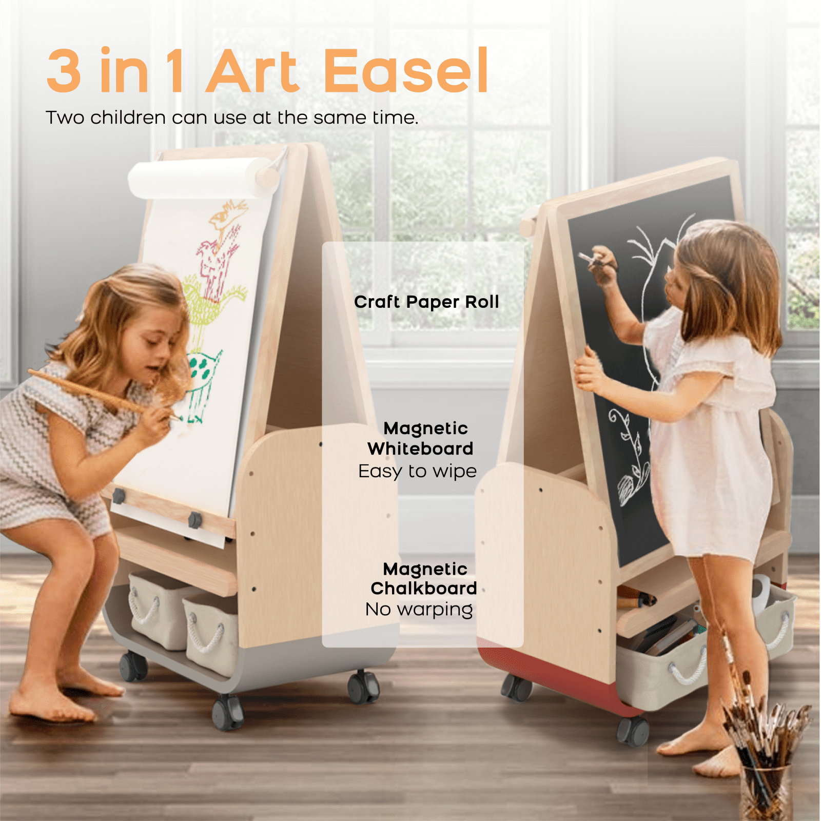 3-in-1 Art Easel for Kids Double-Sided Board Easel with Wheels and Storage Bags Adjustable Height Easel for Toddlers Magnetic Chalkboard & Whiteboard,Red