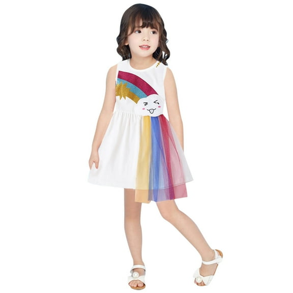 Penkiiy Toddler Kids Baby Girls Rainbow Tulle Ruffle Casual Princess Dress Outfits Toddler Girls Clothes 18-24 Months White On Clearance