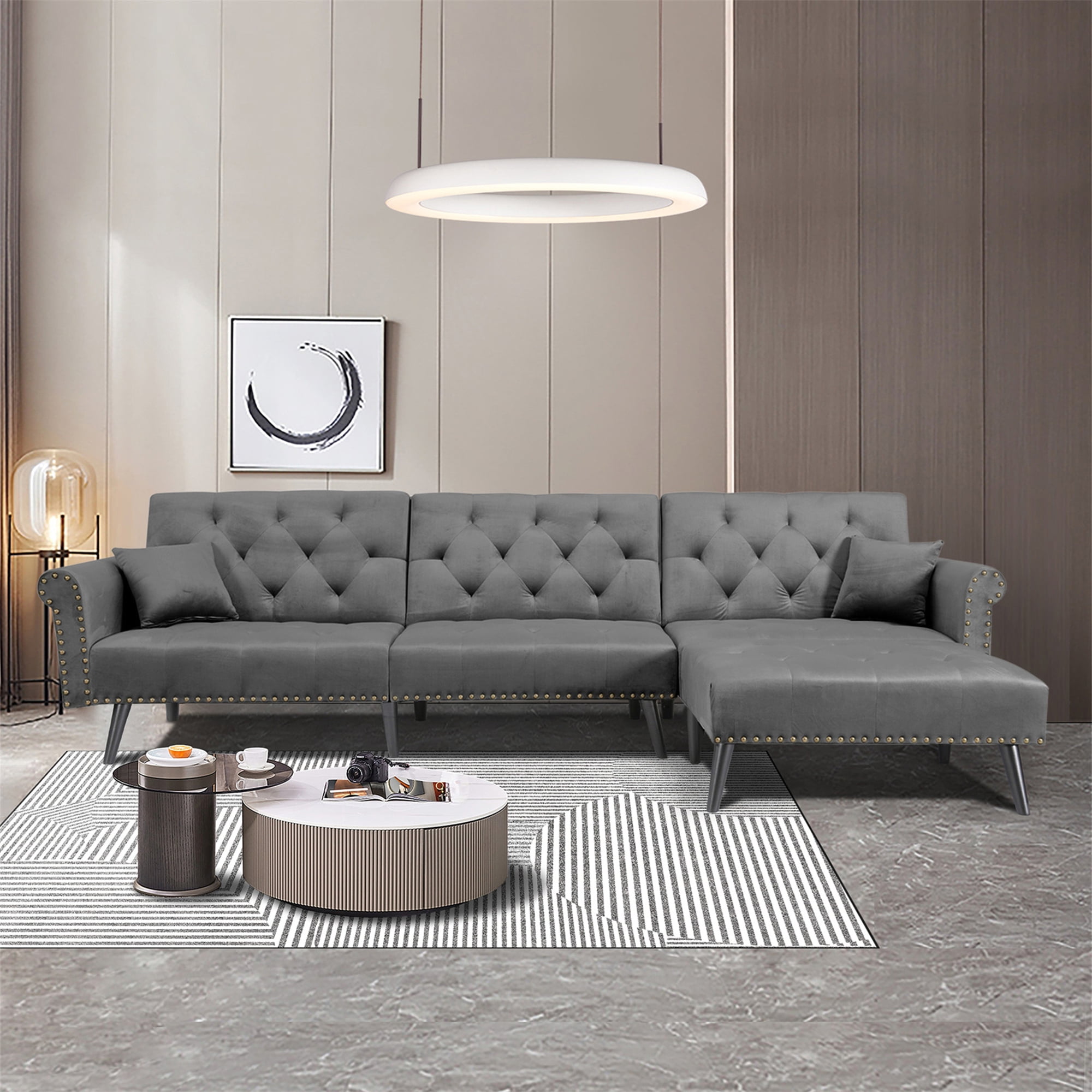 Aukfa 115" Velvet Sectional Sleeper Sofa for Living Room, Convertible Sofa Bed Queen, Dark Gray