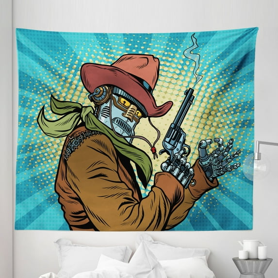 Blue Tapestry, Steampunk and Western Style Robot Cowboy Makes OK Gesture Illustration, Fabric Wall Hanging Decor for Bedroom Living Room Dorm, 5 Sizes, Petrol Blue and Brown, by Ambesonne