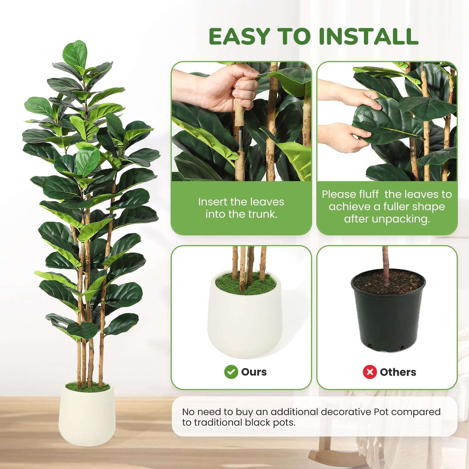 Faux Fiddle Leaf Fig Tree 5/6/7 FT, Artificial Ficus Tree with Tall Artificial Plants, Lifelike Fake Tree for Home Decor Living Room Indoor Outdoor