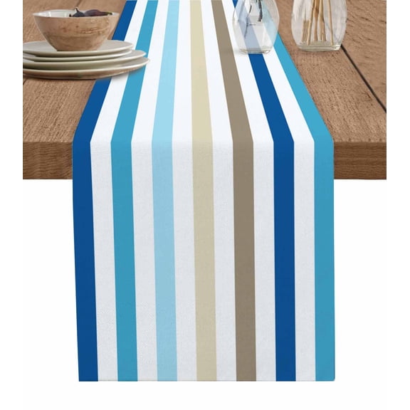 Table Runners 120 Inches Long Dress Scarves, Blue Brown Stripe Farmhouse Coffee/Dining/Kitchen Table Runner for Living Room, Ombre Geometric Vertical Striped 13x120 Inch