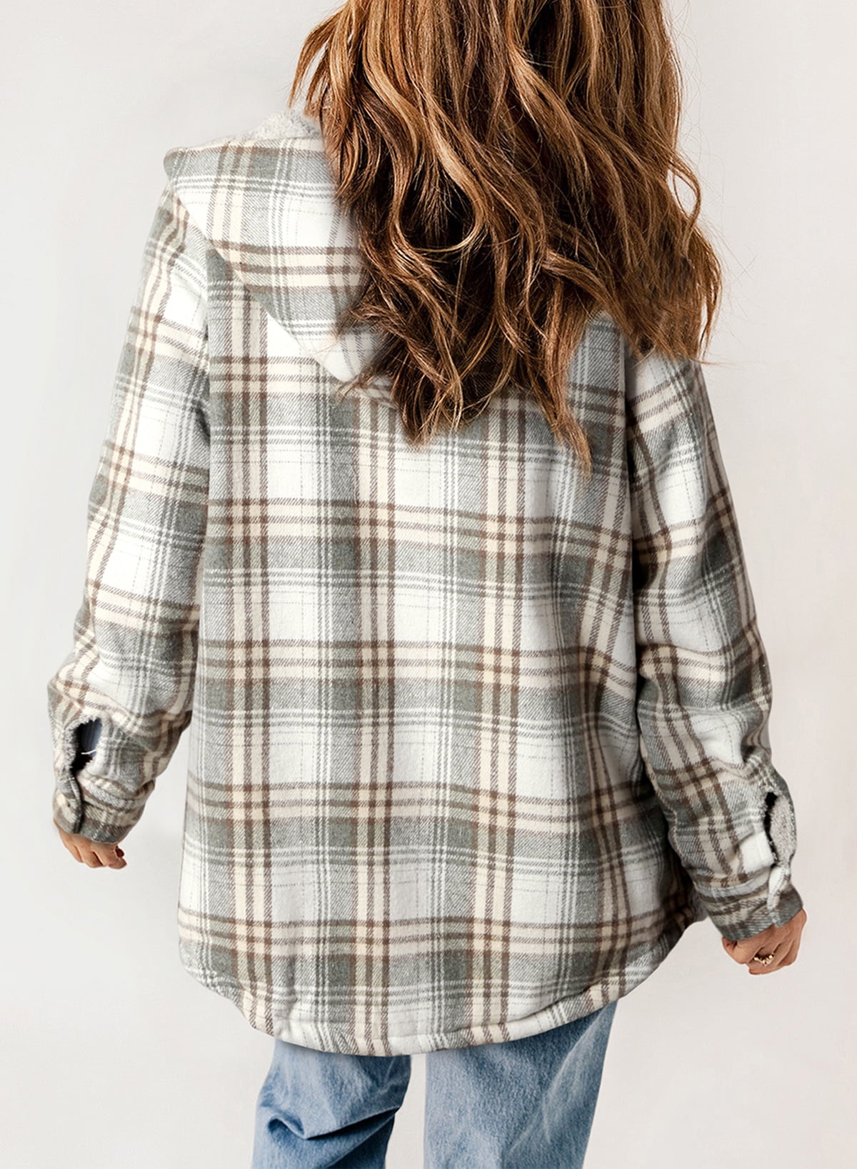 EVALESS Womens Flannel Plaid Jacket with Hooded Casual Long Sleeve Fleece  Lined Shacket Button Down Shirt Jacket Fall Lightweight Coats Size Large US 