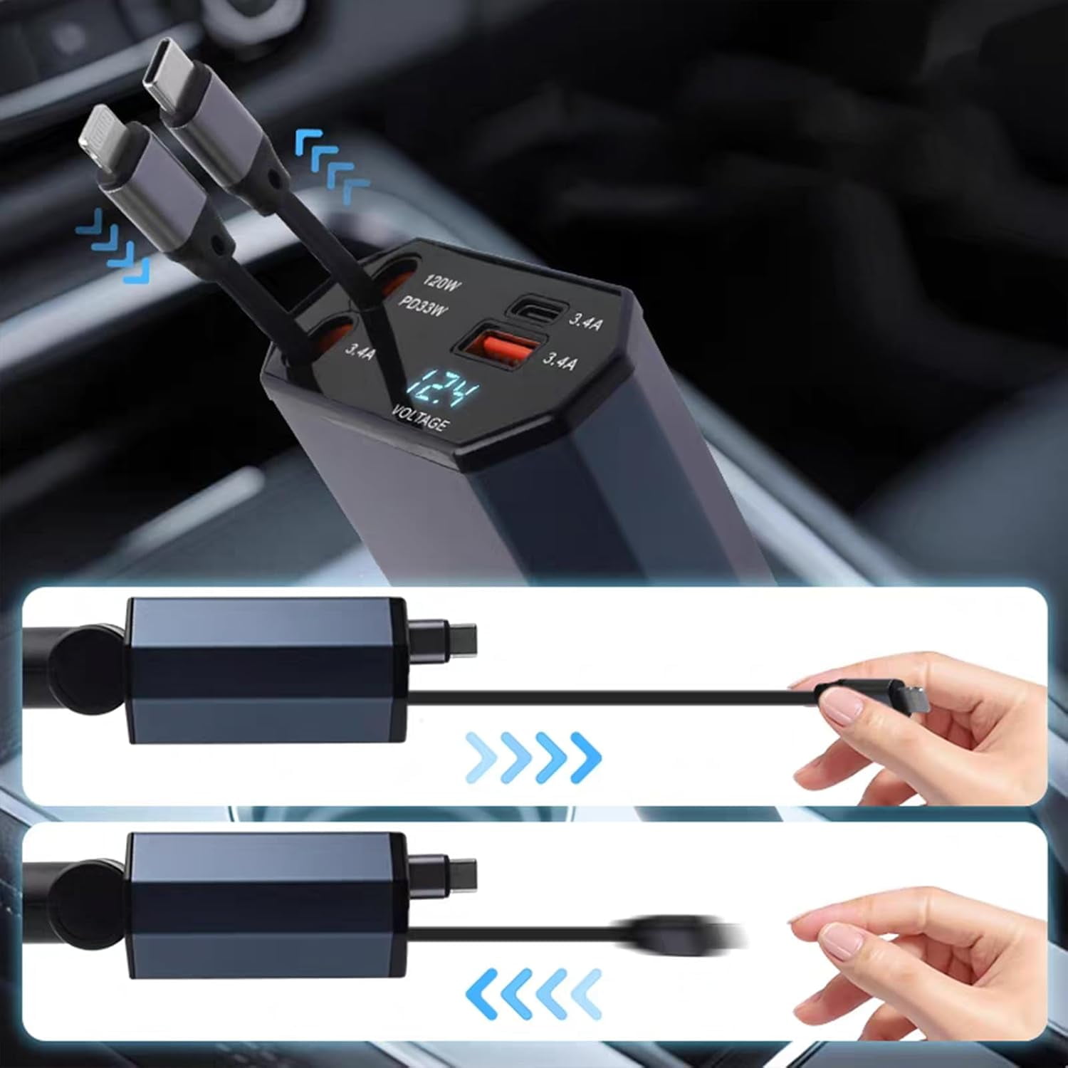 Ibksdj Retractable Car Charger, 120W 4-in-1 PD33W and QC3.0 Ultra Fast Charging car Phone Charger, with 2.6ft Fast Charging Cable, Suitable for iPhone 17，16, 15, 14, 13, 12 Pro Max