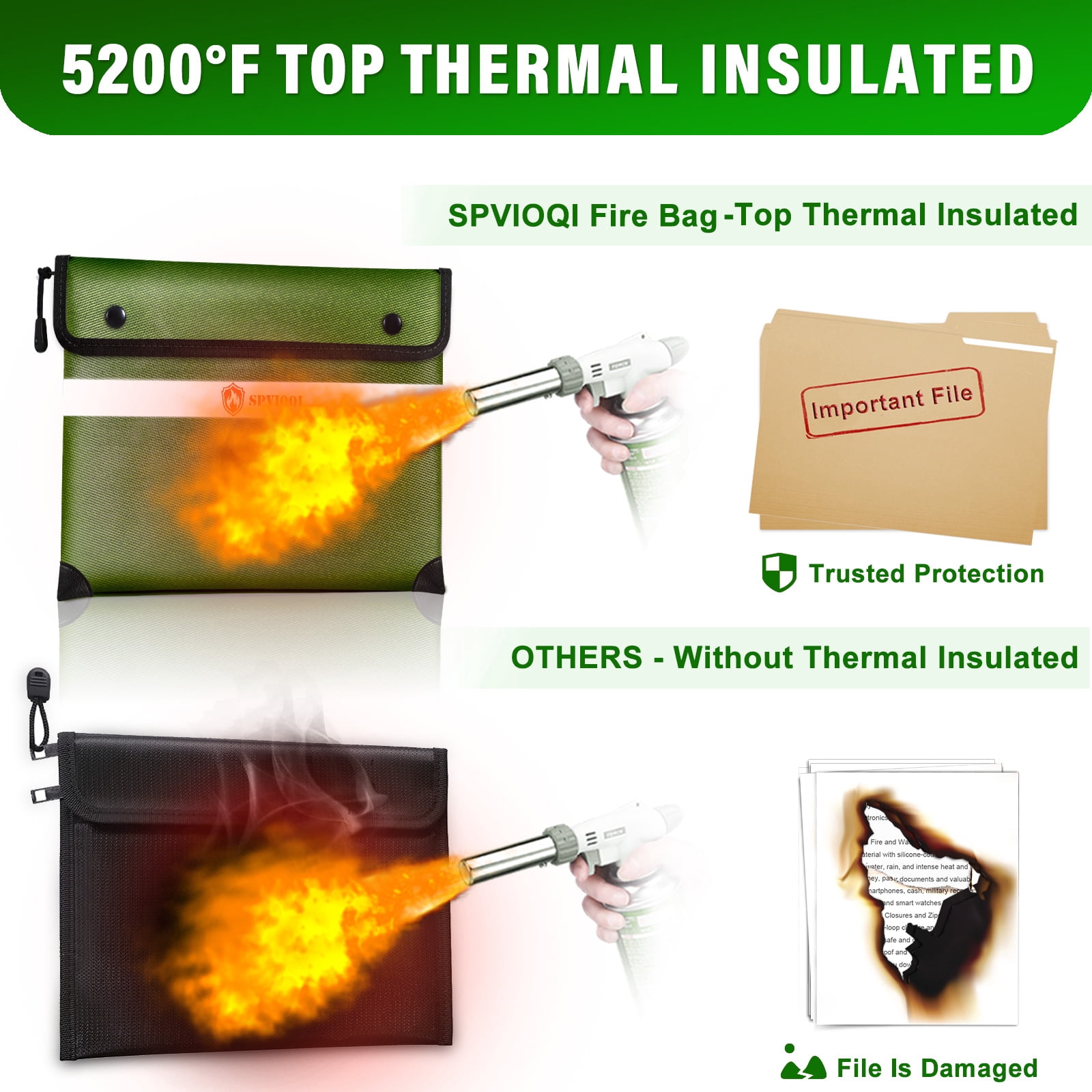Fireproof Document Bag 5200°F with Heat Insulated, Fireproof Money Bag for Cash with Zipper and Reflective Strip, 14.2” X 11” Fireproof Safe Storage Pouch for Valuables