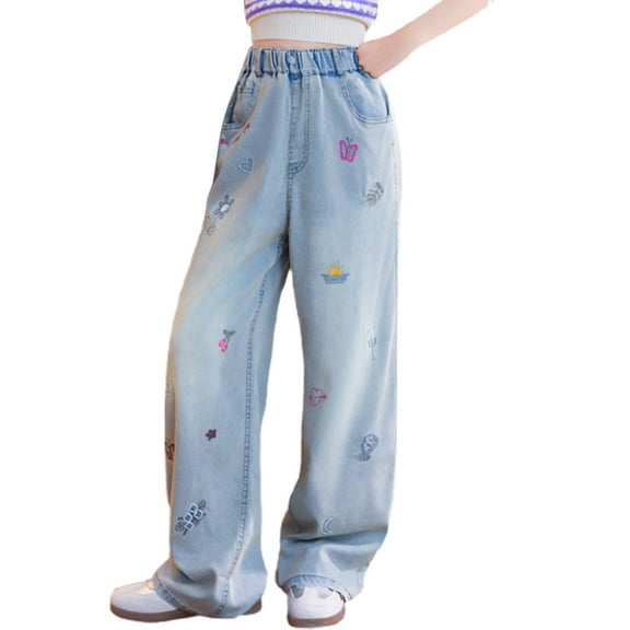 OGLCCG Girl's Baggy Jeans Bow Embroidered Elastic High Waist Wide Leg Denim Pants with Pockets Fashion Y2k Jean Pants 5-13 Years