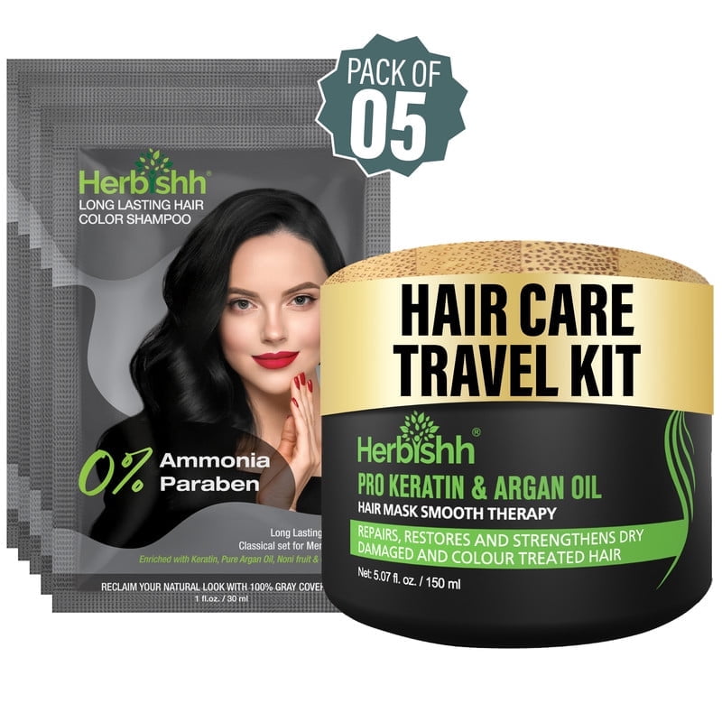 (6 pack) Herbishh Hair Dye Shampoo Black Color 3-in-1 Travel Pack (30ml x5) + Keratin Argan Oil Hair Mask for Dry, Damaged & Color Treated Hair, 150ml, Long Lasting Hair Color, For Women & Men