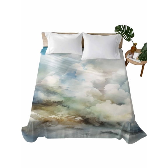 King Size Flat Sheet Only, Blue White Ombre Soft Brushed Microfiber Bed Sheets, Watercolor Cloud Geometric Abstract Art Hotel Quality Breathable Bedding Top Sheet, Easy Care, 105"x98"