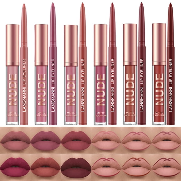 Petansy Juego de 12 delineadores de labios y lápiz labial, 6 colores de barras de labios líquidas mate + 6 delineadores de labios lisos a juego, todo en uno, resistente al agua, brillo de labios de la