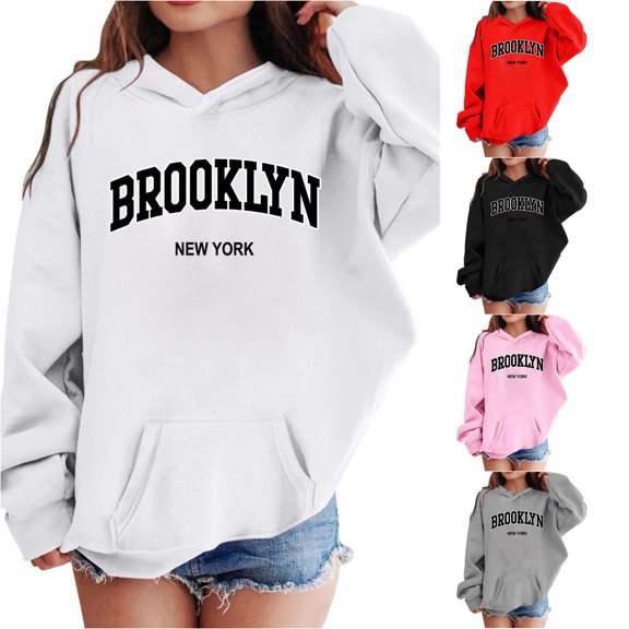 Oiyii Toddler Girls' Vintage Pullover Hoodie Brooklyn Letter Graphic Long Sleeve Oversized Hooded Sweatshirt Street Pullover Top,White