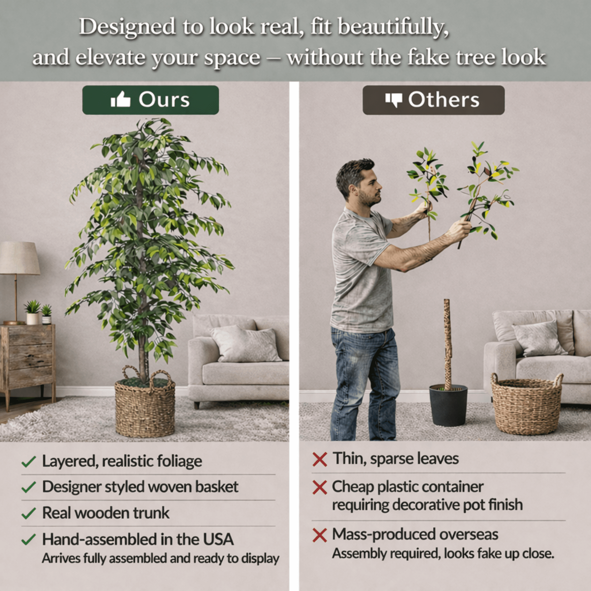 LCG Florals Artificial Tree, Faux Designer Ficus Tree, 6 ft (72in) in Handwoven Rattan Basket, Indoor Tree for Living Room, Office, & Home Decor