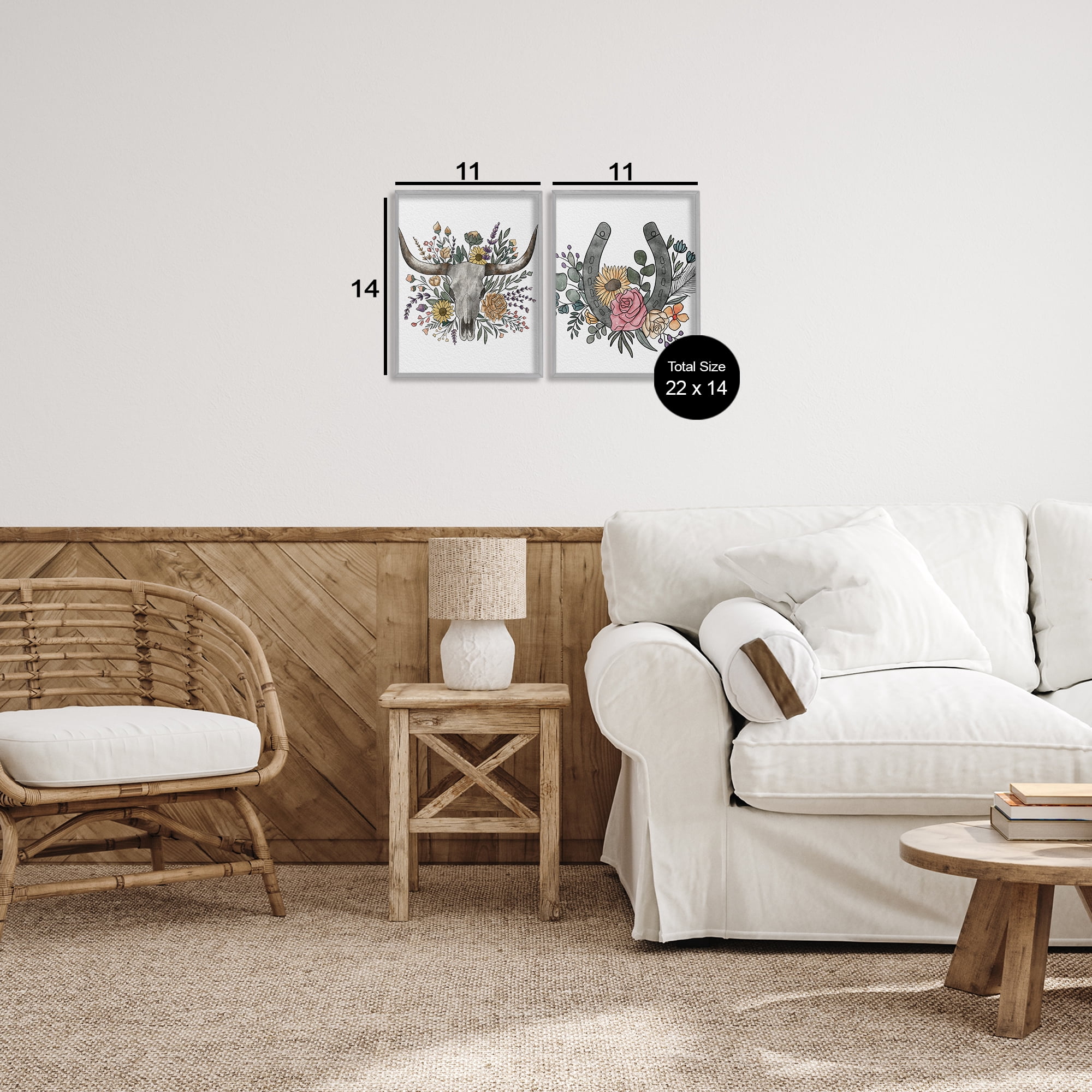 Stupell Industries Boho Longhorn & Horseshoe 2 Piece Gray Framed Giclee Art Set, design by Alisha Kiara Design