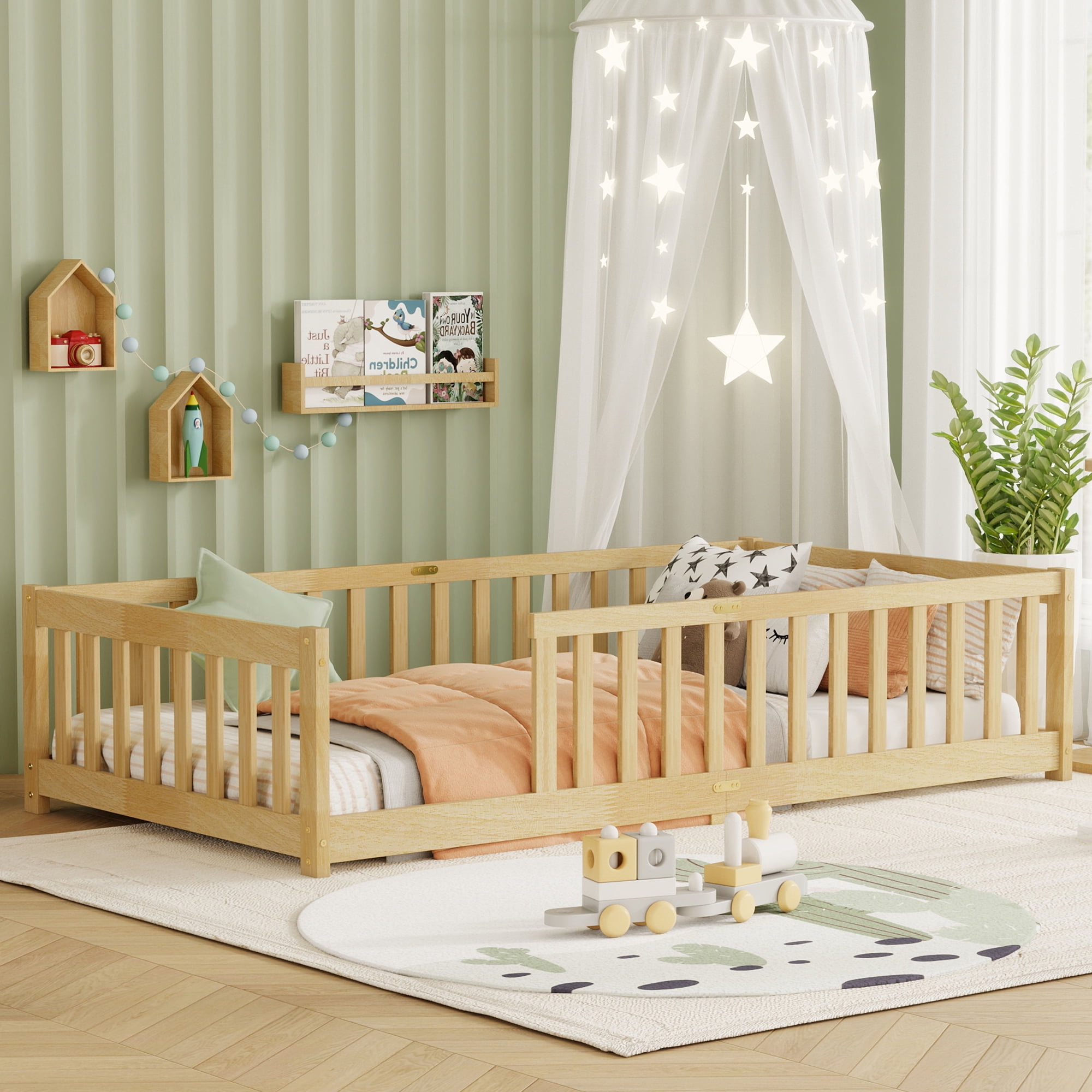 Alvantor Twin Size Montessori Floor Bed for Kids with Rails, Rubber Wood Toddler Bed Frame Low to Ground, No Box Spring Needed, Natural