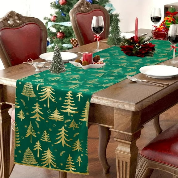 Christmas Green Gold Velvet Table Runner Tree Xmas Luxurious Seasonal Winter Table Decoration Coffee Table Decor for Home Kitchen Dining Party Holiday Indoor Outdoor 13x108 Inch