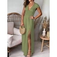 thumbnail image 5 of Women'S Deep V Neck Solid Color Pleated High Waist Slit Club Party Evening Long Maxi Dress Yellow-Green M, 5 of 7