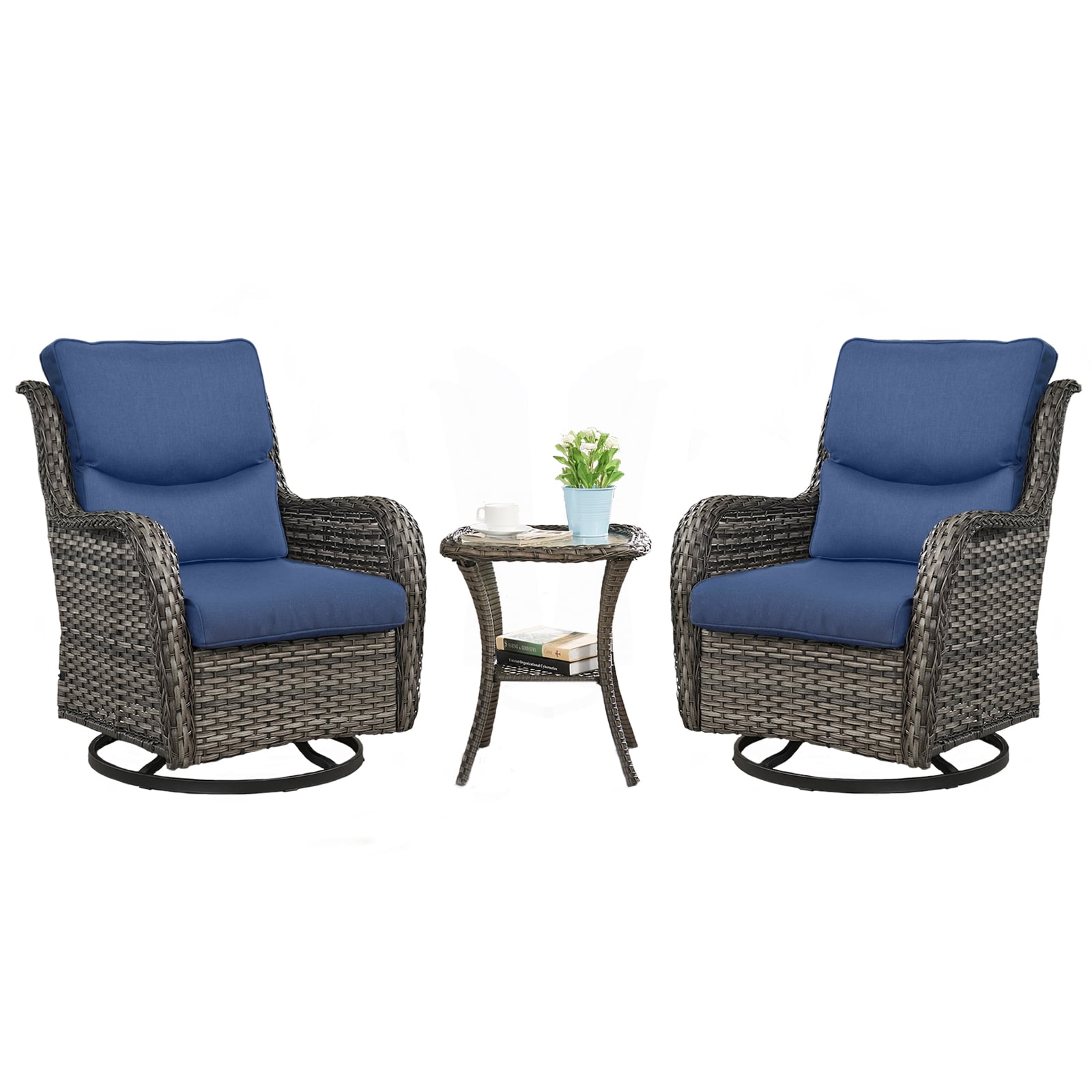Gymojoy 3 Pieces Patio Furniture Coversation Set, Outdoor Swivel Gliders Rocker, Wicker Patio Bistro Set with Rattan Rocking Chair for Backyard(Navy Blue)