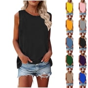 Women's Tank Tops Crewneck Basic Solid Color Casual Flowy Summer Sleeveless Tee Shirt Loose Fit Vest Comfy Tunic Blouse