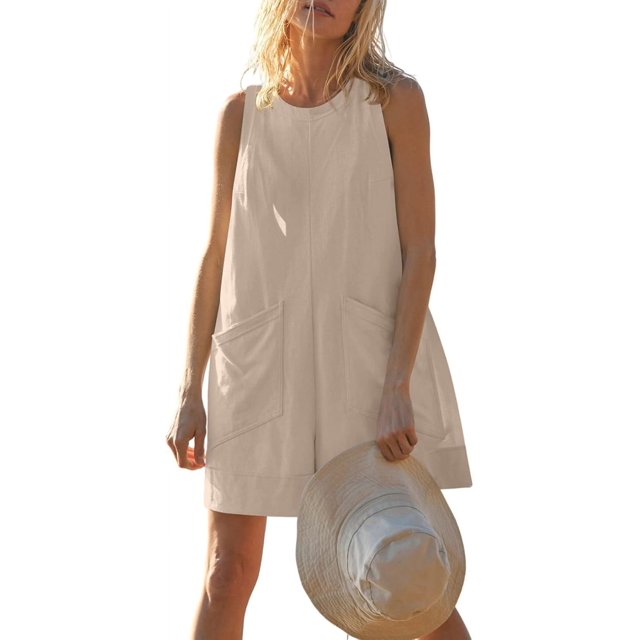 UNRDSSR Combinaison en Lin pour Femmes Été Décontractée T-Shirt Combinaison Col Rond Jambes Larges Shorts Amples avec Poches