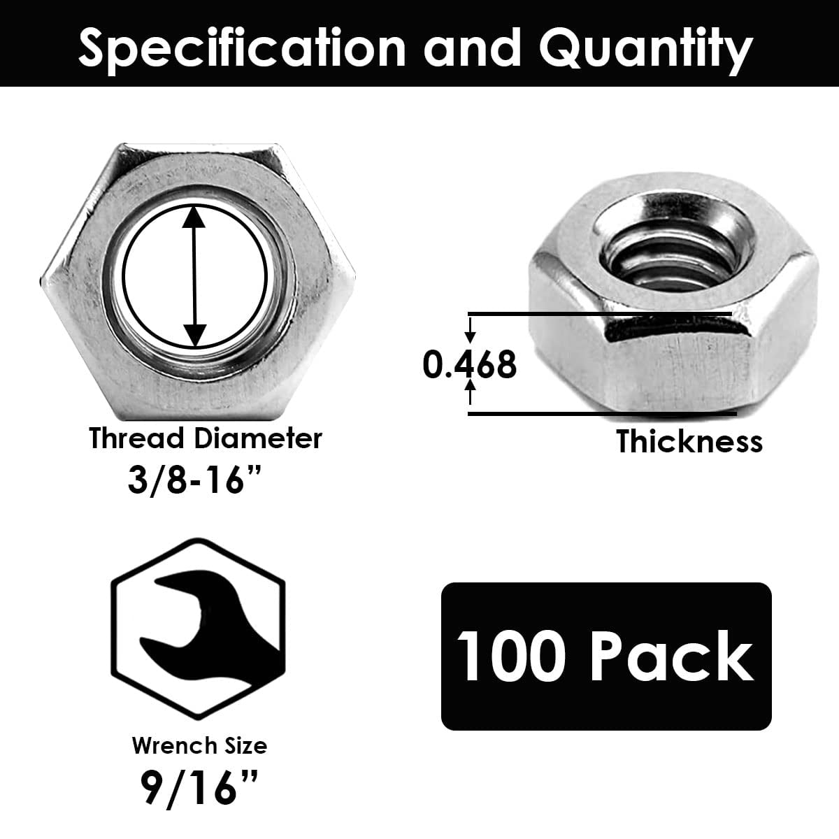50-Pack 3/8-16 Stainless Steel Nylon Insert Lock Nuts (Hex Locknuts, 18-8 SS) - View #10
