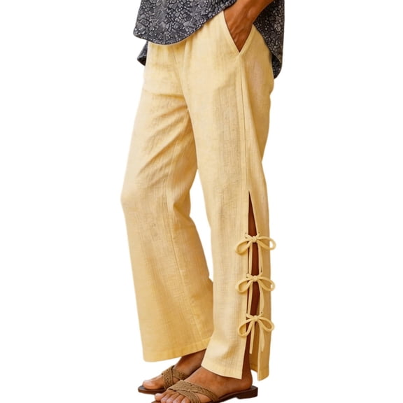 Zjunqe Summer Women Cotton Linen Pants Casual High Waist Comfy Lightweight Gauze Pants with Pockets Beach Vacation Trousers Bow Tie Side Wide Leg Lounge Bottom Loose Fit Going Out Pants Khaki L