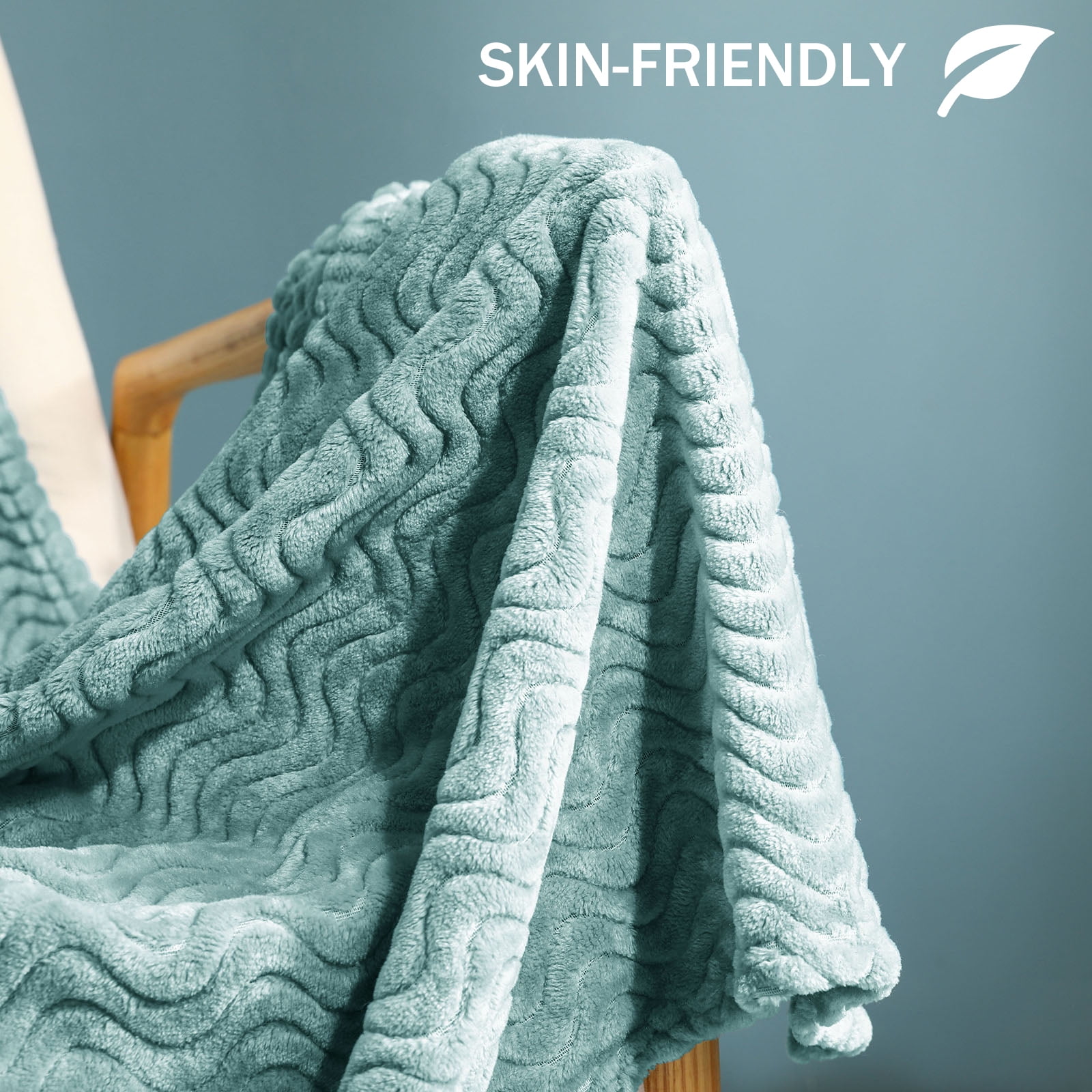 Exclusivo Mezcla King Size Jacquard Weave Wave Pattern Flannel Fleece Velvet Plush Bed Blanket as Bedspread/Coverlet/Bed Cover (90" x 104", Celadon)
