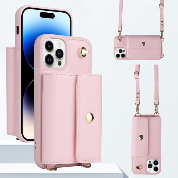 ELEHOLD Crossbody Wallet Case for iPhone 14 PU Leather Double Buttons Shockproof Flip Cover with Detachable Shoulder Strap Card Slots Kickstand,Pink