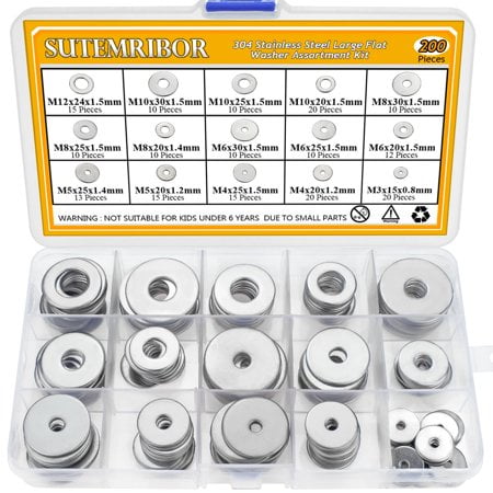 Sutemribor 304 Stainless Steel Large Fender Washer Assortment Kit 200 Pieces 15 Sizes - M3 M4 M5 M6 M8 M10 M12
