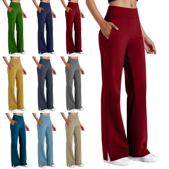 YanHoo Womens Tummy Control Straight Leg Pants with Pockets Side Split Workout Leggings High Waist Stretchy Buttery Soft Gym Yoga Pants Light Blue,M