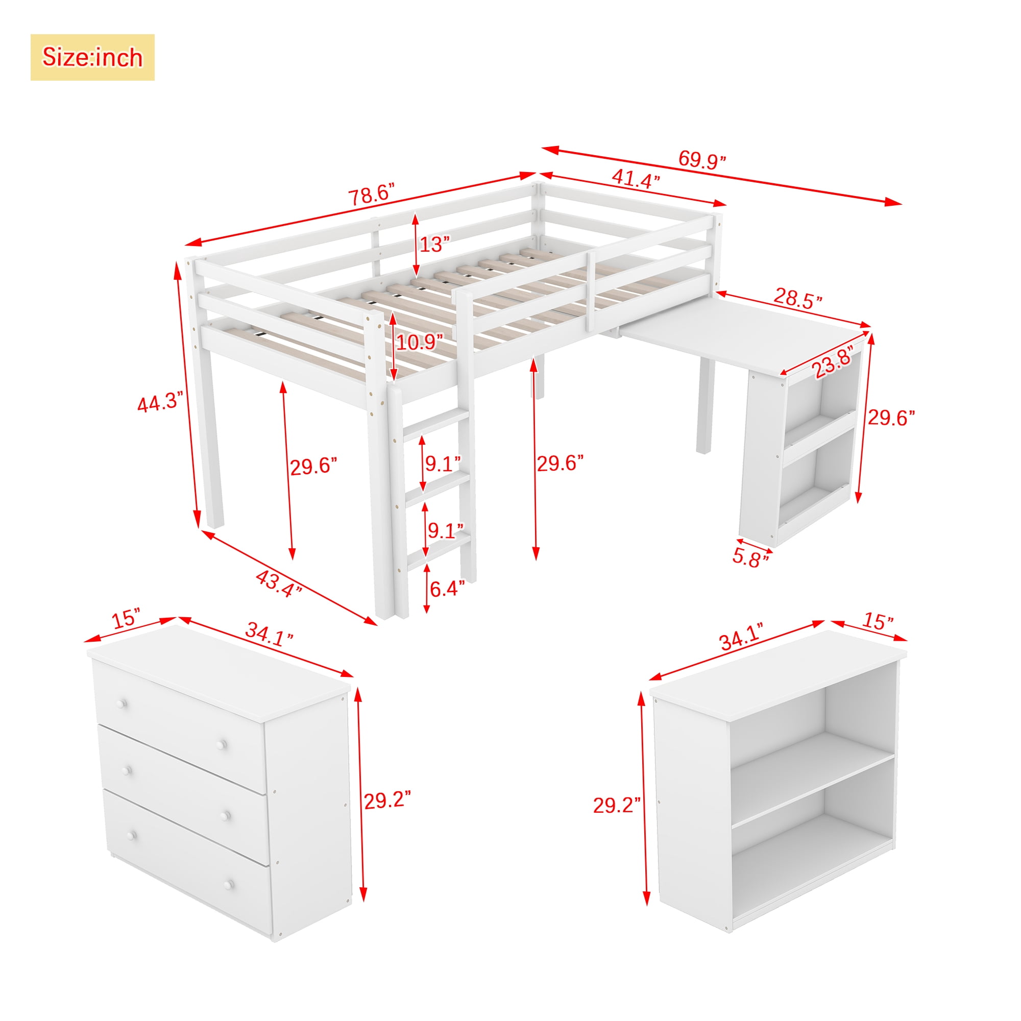 Sailvan Twin Loft Bed with Drawer Cabinet, Shelf Cabinet and Pulling Out Desk, Guardrail ,Ladder