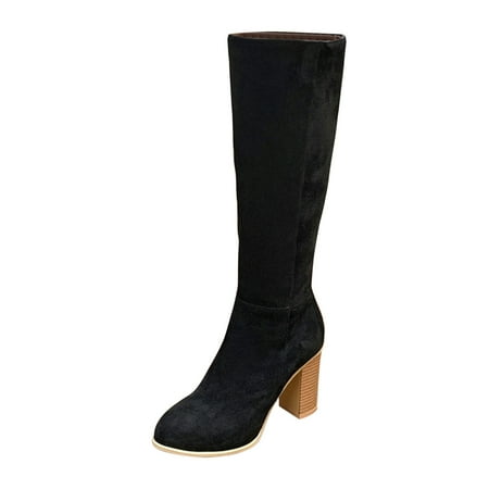 KIJBLAE Women s Knee High Boots Fashion Suede Block Heel Round Toe Over The Knee Boots Chunky Heel Fall Winter Boots Black 40