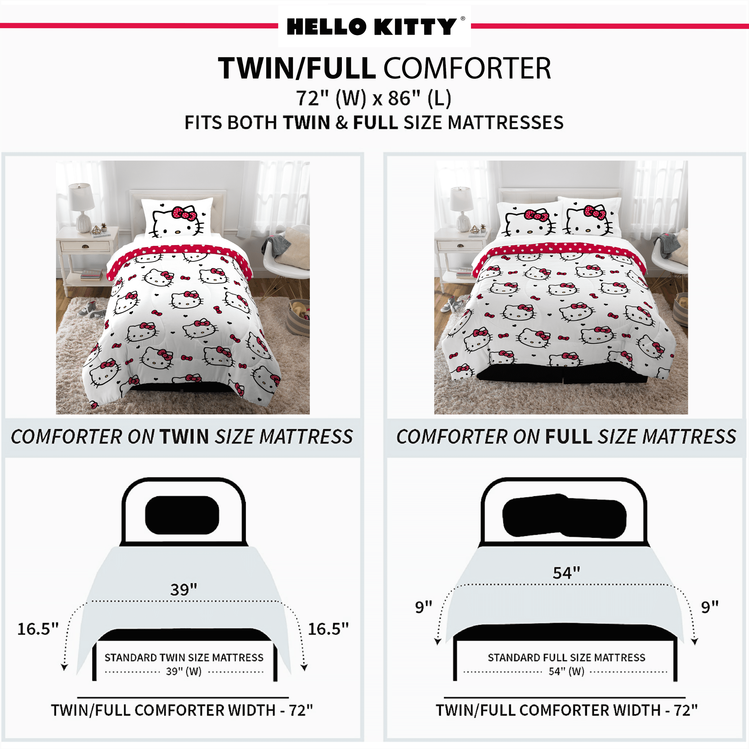 Hello Kitty Kids 2 Piece Red White Reversible Comforter and Pillowcase set, Twin/full