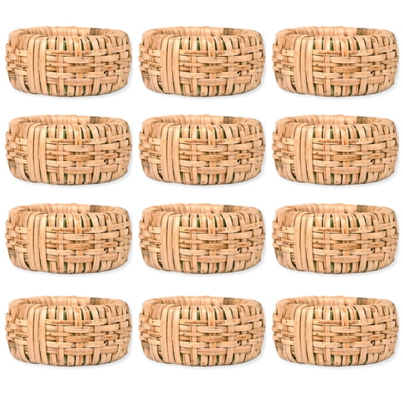 Set of 12 Handcrafted Napkin Rings - Plastic & Cane Round Napkin Holders for Dining Table Décor (Rustic Rattan)