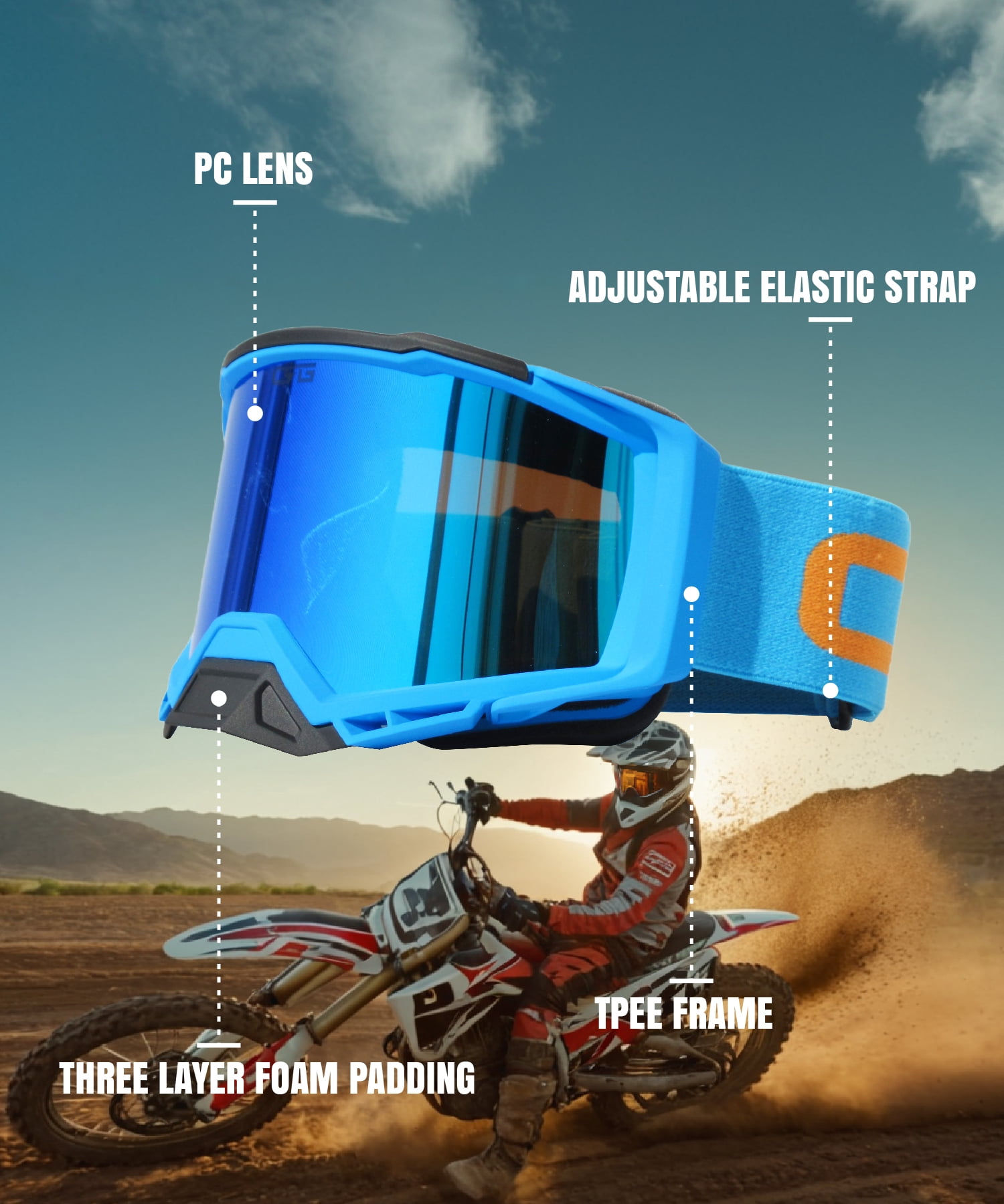 CRG Sports Motorcycle Goggles ATV Dirt Bike Glasses Off Road Racing Riding Motocross Goggles for Men, Women, Adults