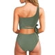 thumbnail image 4 of Conjunto de bikini de dos piezas con un hombro al descubierto y cintura alta, elástico, transpirable, acolchado y sin aros para mujer, color verde L, 4 of 6