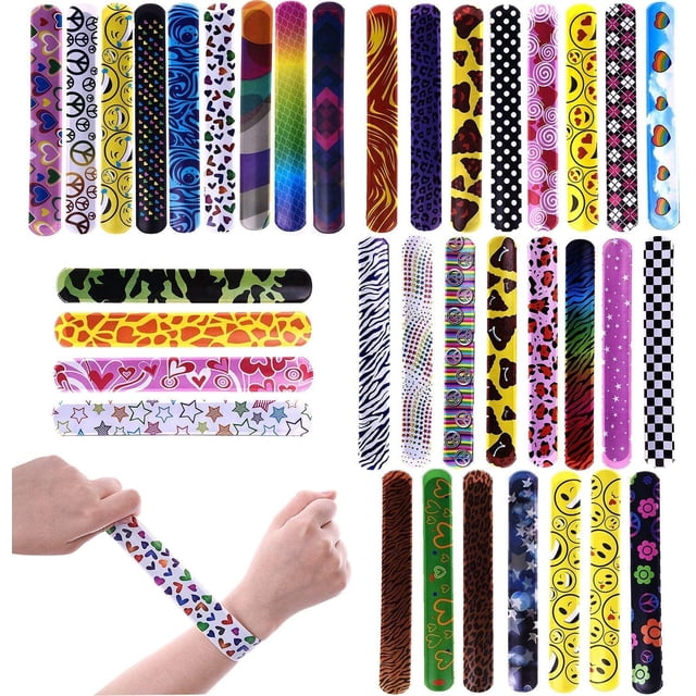 ZECATL 72 Pcs Bracelets Slap pour Fêtes avec Cœurs Colorés Design Imprimé Animal Emoji Bandes Slap Rétro pour Cadeaux de Noël, Prix pour Enfants, Cadeaux de Fête pour Enfants, Remplisseurs de Pinata