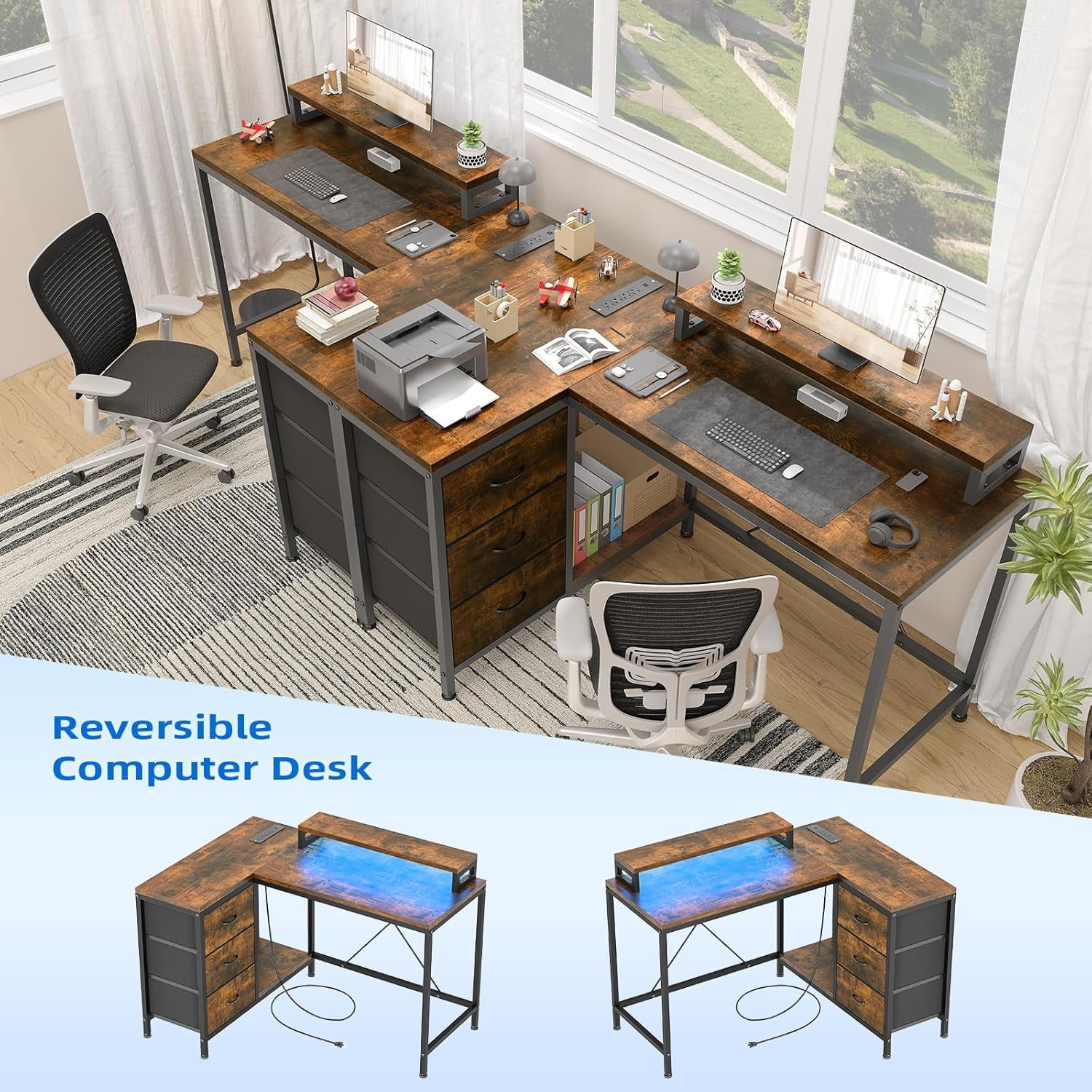 43" L-Shaped Computer Desk with 4 Power Outlets and 7-Color Led Lights, 3-Drawer Gaming Desk