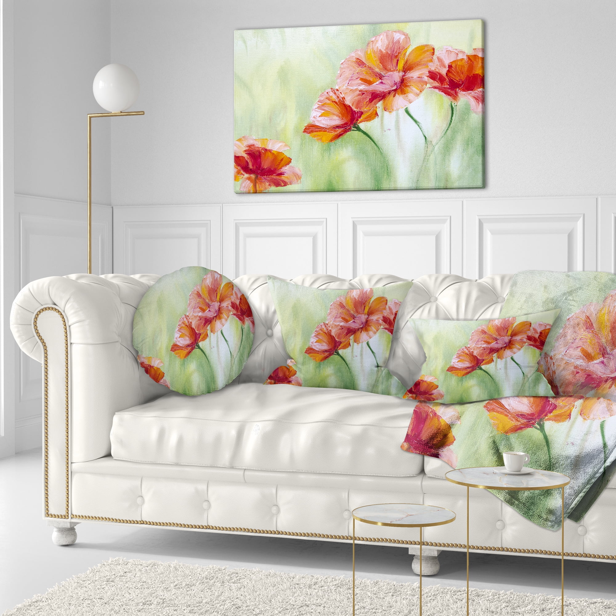 Designart Poppies in Light Green - Floral Throw Pillow - 12x20