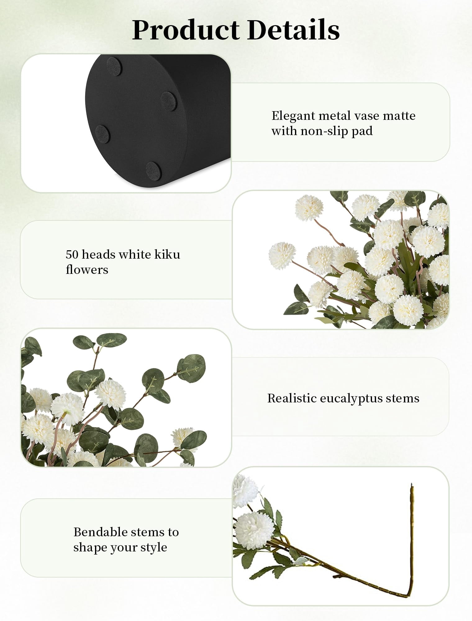 Nuptio Fake Flowers in Vase for Centerpieces: Metal Vase with 12 Stems of Artificial Mums Kiku Flowers Eucalyptuses Home Table Decor - White Faux Pom Poms Floral Arrangements for Living Room