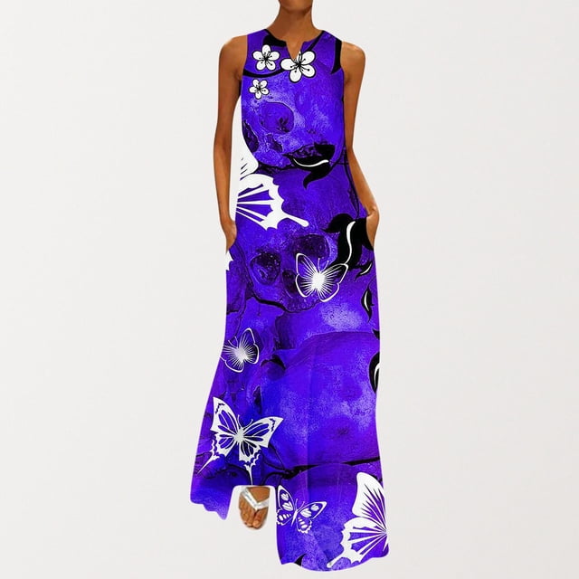 SMihono Robe Maxi Bohème d'Été pour Femmes Grande Taille Mode d'Été Imprimée Col en V Sans Manches Robe à Enfiler avec Poches Robe de Plage