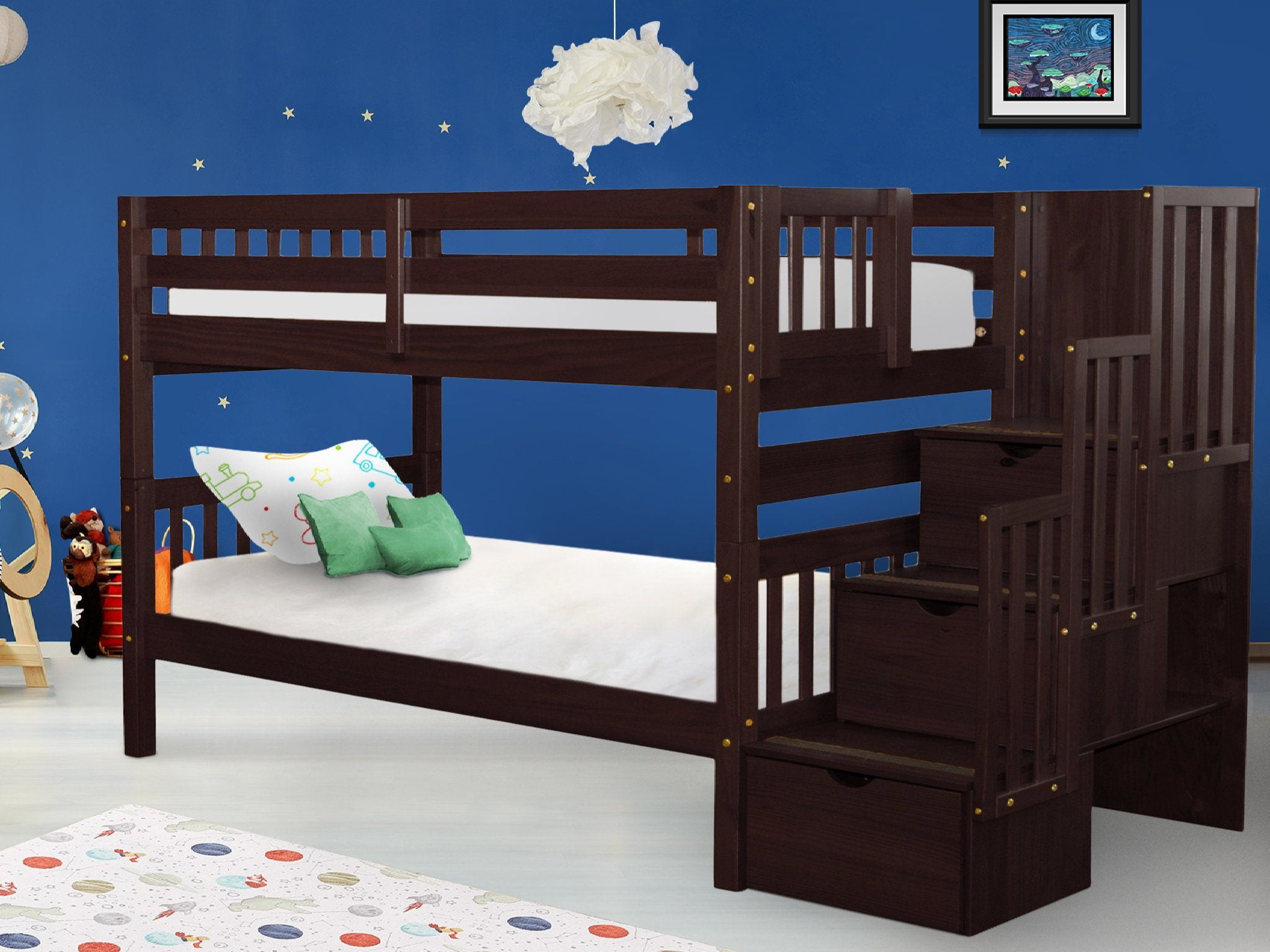 Bedz King Stairway Bunk Beds Twin over Twin with 3 Drawers in the Steps