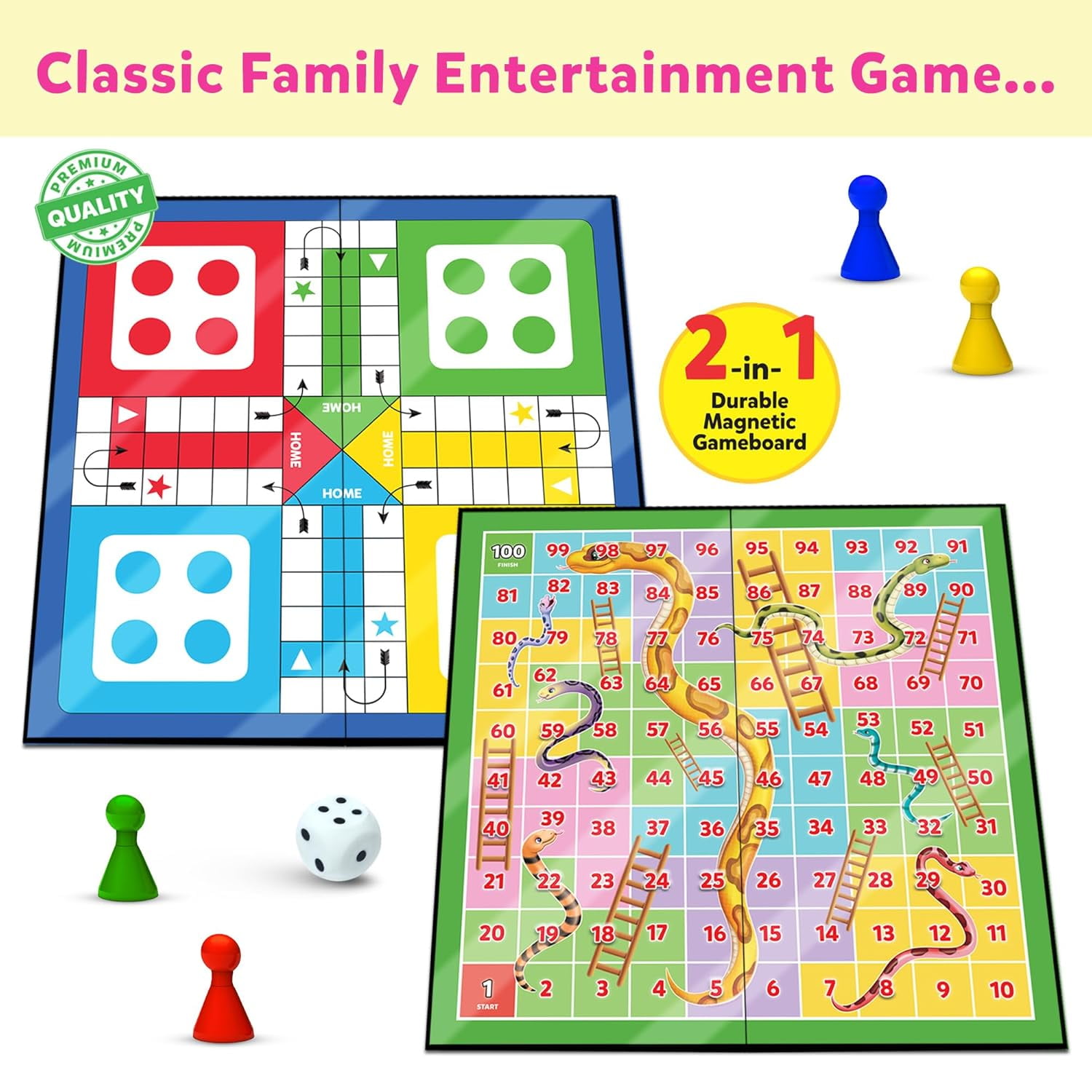 Ludo & Snakes & Ladders Big Size Board Game | 14”X14” Foldable Game Board With Dice | 2-In-1 Board Games For Adults & Family | Suitable For Travelling, Gifts & Fun Party Nights