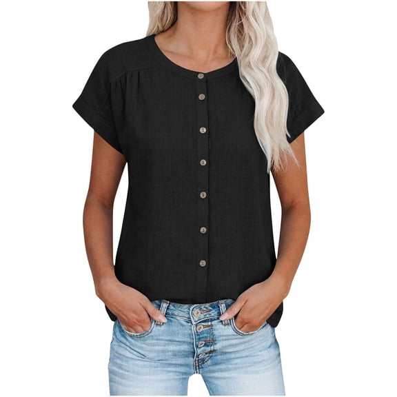 Stamzod Women's 2026 Fashion Tops Cap Sleeve T-Shirts Crewneck Button Basic Business Tees Blouses Summer Clothes Black C XL