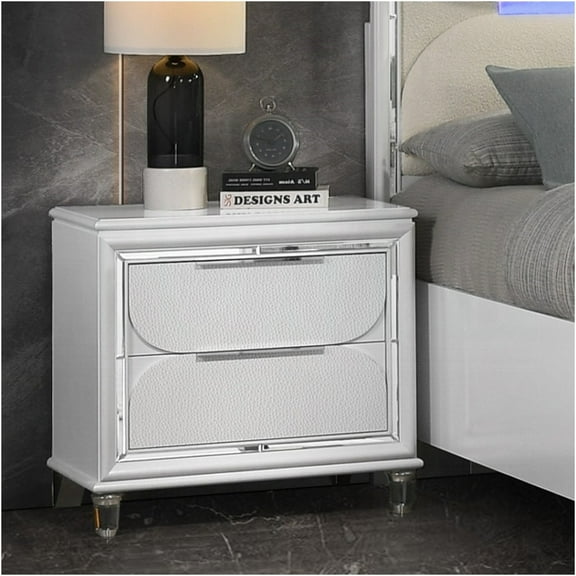 JERFIT Modern Nightstand with 2 Drawers, Pearl White Bedside Table with Acrylic Legs and Mirrored Trim, Wood Bedroom Storage Cabinet
