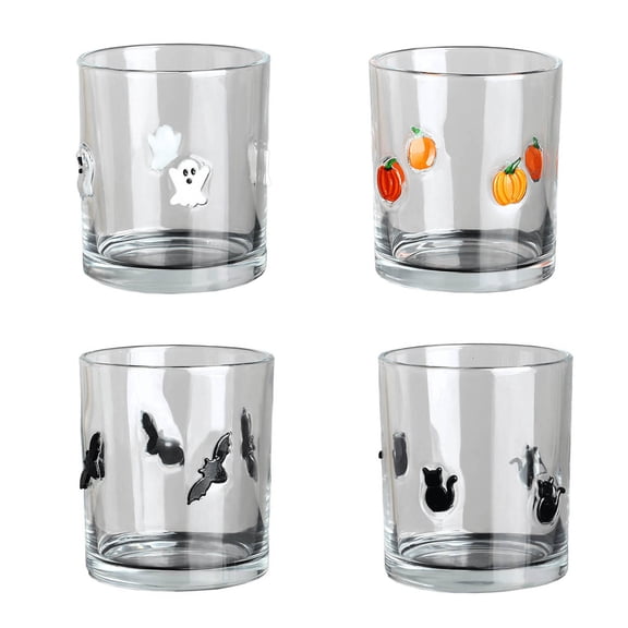 Leutsin Halloween Icon Glass Cup, 14oz Pumpkin Bat Black Cat Ghost Stemless Wine Glasses, Double Old Fashioned Icon Hand Blown Drinking Cups for Halloween Party Supplies & Gift, Ghost