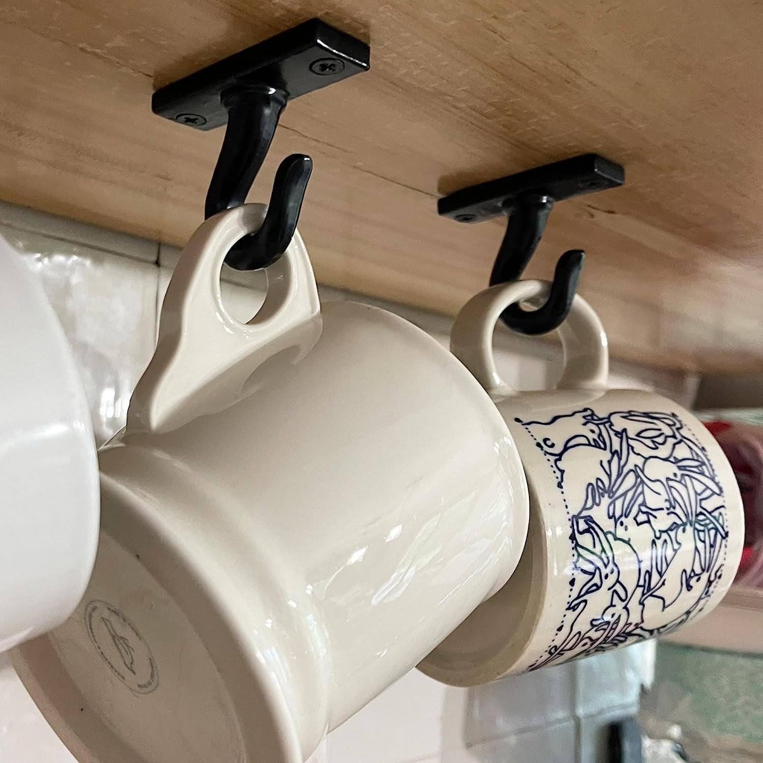 ANTIQUE HARDWARE DEPOT - 2.5-Under Cabinet or Shelf Coffee Mug Holder Cup Hooks Separator Decorative Black Iron Hangers - Create Rack Under Counter or Wall Cups, Keys, & Utensils 4-Hooks