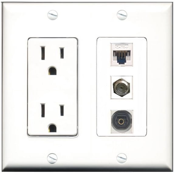 RiteAV - 15 Amp Power Outlet 1 Port Coax 1 Port Toslink 1 Port Cat5e Ethernet White Decorative Wall Plate