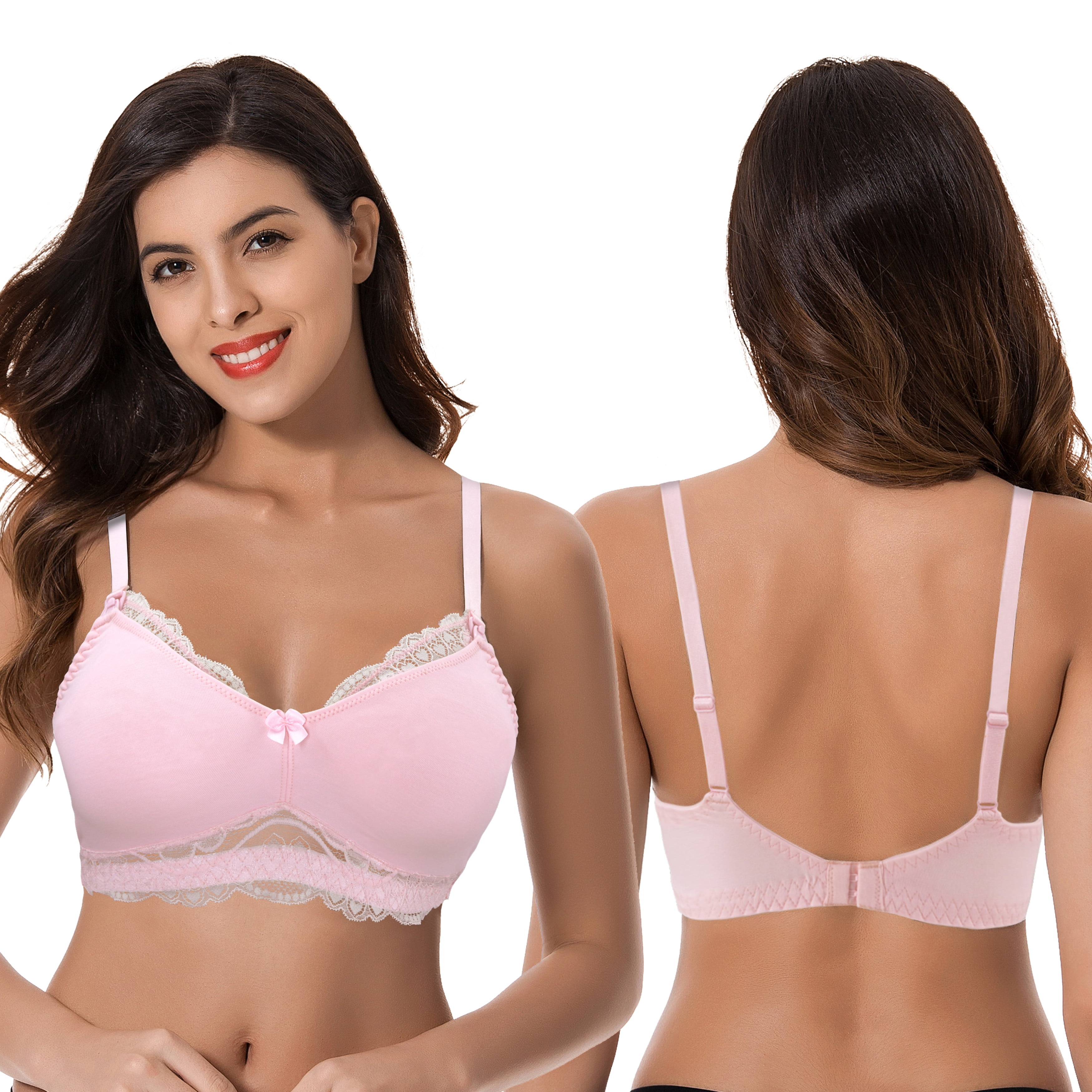 Curve Muse Plus Size Nursing Cotton Unlined Wirefree Bra With Lace Trim-2 PK-LIGHT PINK,SLATE-46DD